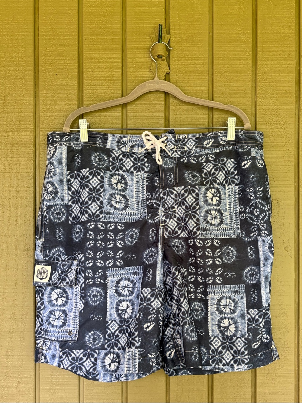 Chaps Deep Water Blue Shibori Patchwork Swim Trunks Cargo Pocket Men's XXL